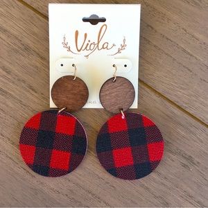 NEW Faux Leather & Wood Mixed Media Buffalo Plaid Check Double Disc Earr…